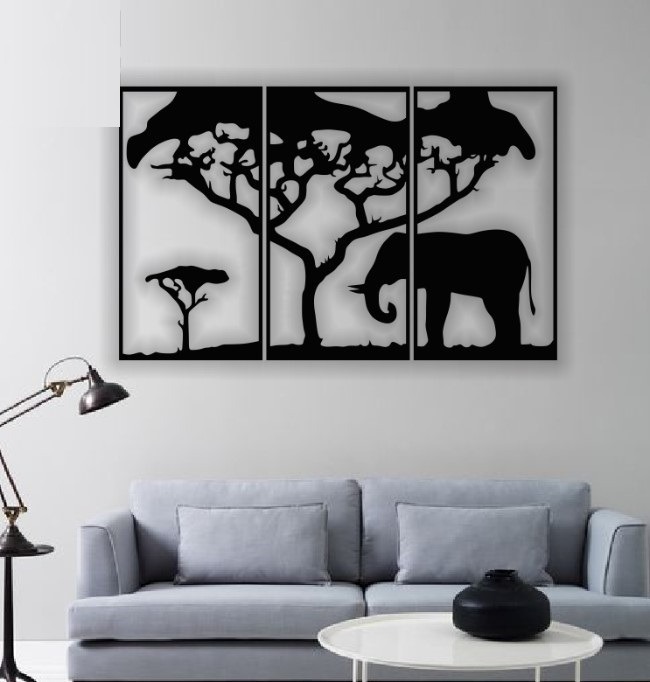 Cuadro Madera Calada 3mm Elefante Triptico 80x50cm