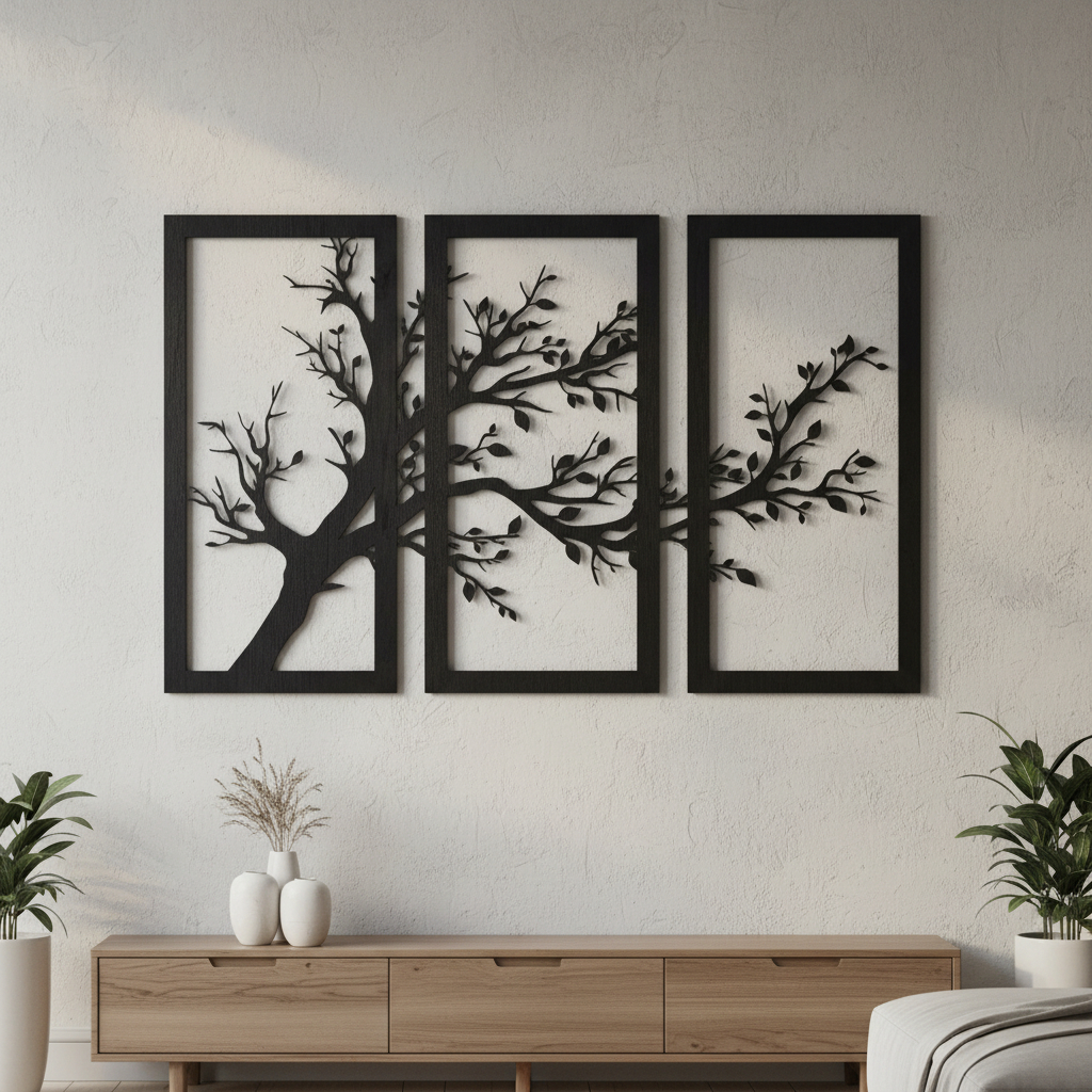 Cuadro Madera Calada 3mm Triptico Arbol 47x76cm - Imagen 2
