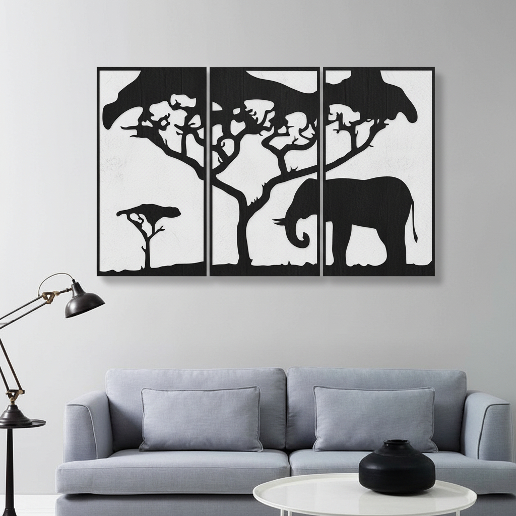 Cuadro Madera Calada 3mm Elefante Triptico 80x50cm - Imagen 2