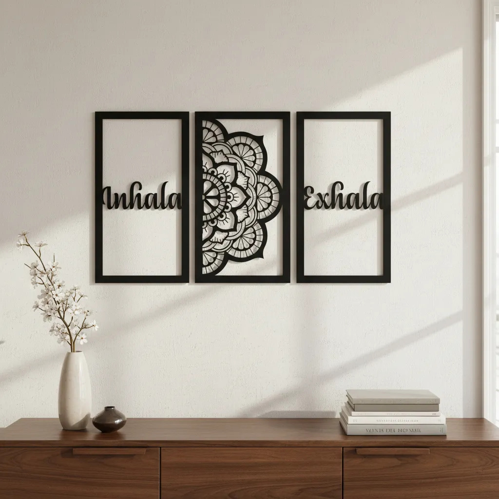 Cuadro Madera Calada 3mm Mandala Triptico 80cmx46cm