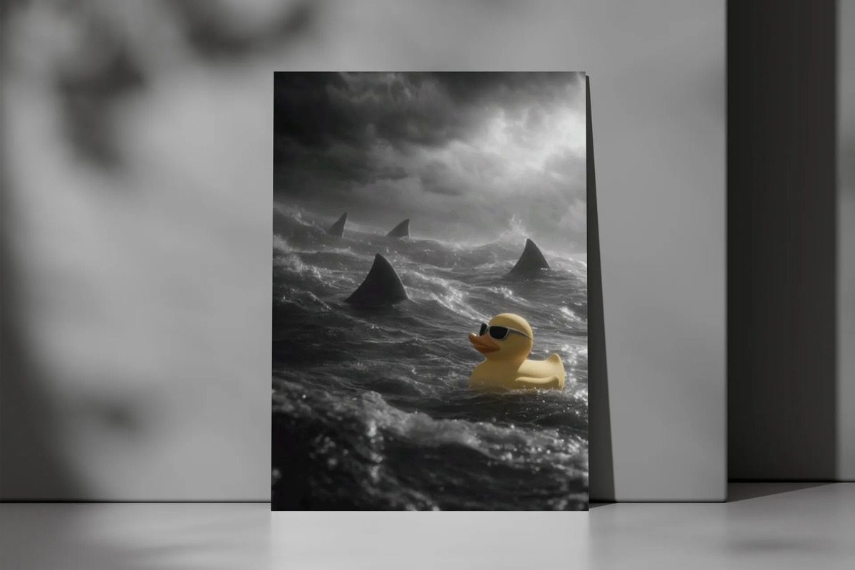 Cuadro Patito Con Tiburones 870 70x100 Mdf Memoestampados - Imagen 3