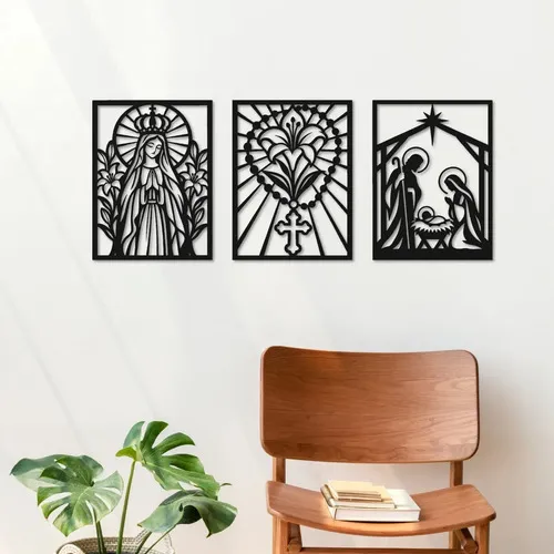 D_601187-MLU118649877148_102026-O.jpg Tríptico Calados Mdf Religiosos Virgen Y Familia 30x40 Negro
