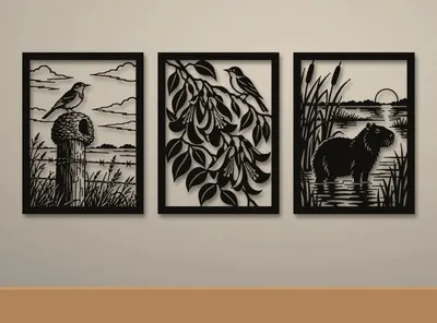 Tríptico Calados Mdf Fauna Y Flora 60x80 Negro
