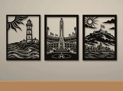 Tríptico Cuadros Calados Mdf Montevideo 60x80 Negro