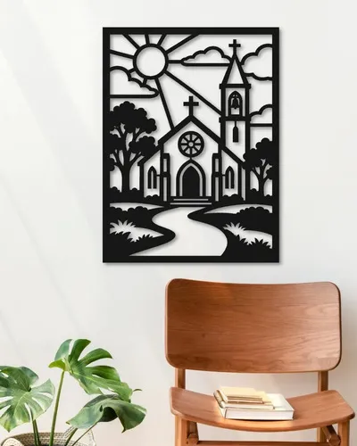 Cuadro Calado Mdf Iglesia Y Campanario 30x40 Cm Negro