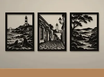 Tríptico Calados Mdf Paisajes Del Uruguay 30x40 Negro