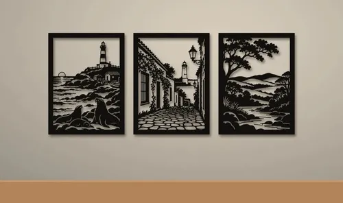 D_832731-MLU120318906339_102026-O.jpg Tríptico Calados Mdf Paisajes Del Uruguay 30x40 Negro